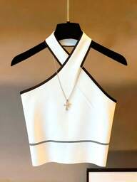 Franclia Women's Vests Can Be Worn As Outerwear. A White Halter-Neck Top With Black Trim. Beachwear, Cute Yet Elegant Lingerie, Suitable For Autumn/Autumn Women's Clothing, Winter Wear, A Top For National Day/New Year's Outings, Elegant And Stylish Everyday Commuting Wear, Office Casual Wear, Versatile And Sophisticated, Urban Style, Suitable For Teacher's Professional Attire.Winter Clothes For Women,Christmas,New Year Clothes,White Outfit For New Year's Eve,Party,Beach,Elegant,Casual,Casual Outfit For Women,Romance, Valentine's Day, Dating,Summer,Women's Beach Bikinis Summer 2026,Summer Tops,Graduation Season Attire, Fashionable Casual Commuter Wear, Business Office Wear, Versatile And Stylish Everyday Casual Wear, Urban Teacher's Professional Attire
