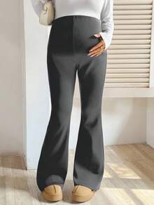 SHEIN Maternity Casual Solid Color Flared Pants With Thermal Lining, Autumn/Winter - Dark Grey - View 6