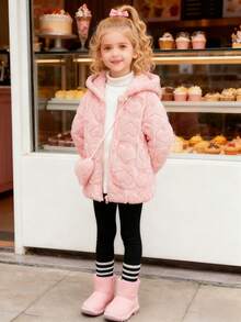 Elladie kids 甜美粉色毛绒外套，适合年轻女孩，饰有 3D 心形纹理图案，适合秋冬