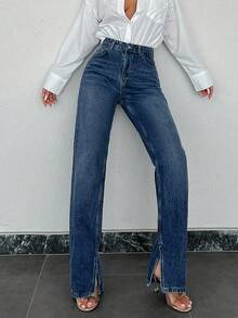 Quần jean ống đứng xẻ gấu 100% cotton - Rửa tối - Xem 6