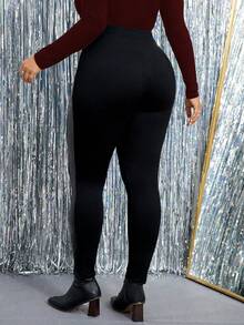 SHEIN Clasi 大码简约纯色拼接打底裤，休闲日常女装派对纯色时尚网纱拼接打底裤高腰打底裤大码打底裤仿皮打底裤黑色打底裤黑色皮裤 - 黑色 - 查看 2