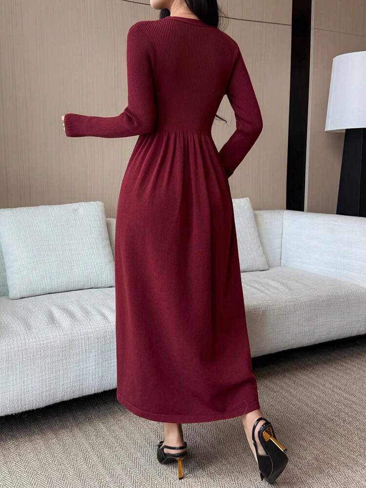 Women's Elegant Solid Color V-Neck Sweater Dress, Autumn/Winter