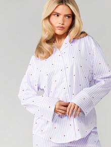 MISSGUIDED 睡衣套装，心形印花条纹长袖纽扣上衣搭配同款休闲裤，舒适睡衣 - 淡紫色 - 查看 4