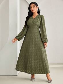 Veilorie Women's Elegant Party Solid Color Textured Lantern Sleeve Arabic Style Dress