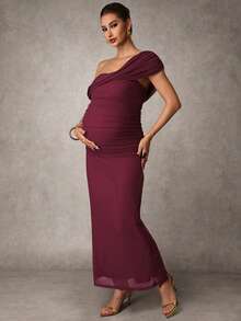 MaterniChic 孕妇纯色不对称领褶皱修身优雅连衣裙 - 酒紅色 - 查看 5