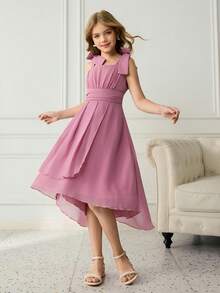 少女无袖可拆卸蝴蝶结腰带多层荷叶边下摆派对连衣裙，优雅大方，适合圣诞节、聚会等场合。 - 粉色 - 查看 5