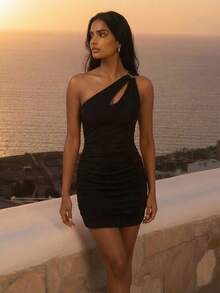 CAJUNI Women's Casual Sexy Vacation Black Asymmetric Hollow Out Off Shoulder Sleeveless Bodycon Mini Dress, Suitable For Dates, Parties, Nights Out, One Sleeve Dress, Black Vacation Dress, Black Sexy Dress Women, One Shoulder Dress - Black - View 1