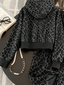 Resyla 2pcs Leopard Print Digital Pattern Casual Hoodie Set, A Gift For Friends - Dark Grey - View 2