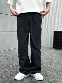 Mirajuku Casual Zipper Decor Cargo Pocket Loose Fit Wide Leg Pants For Teen Boys, Black, High-End Versatile Style, Comfortable & Practical For Autumn, Spring, Summer, Suitable For Daily Wear, Commuting, Outdoor Activities, Sports, School, Streetwear, Parties
