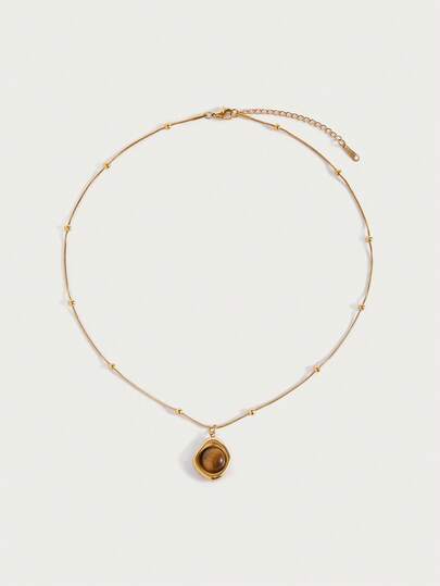 Glisma 1 件复古棕色天然石钛钢吊坠项链水钻太阳椭圆形几何镀金锁骨链珠宝礼物女士