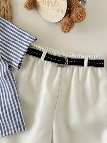 Newborn Baby Boy Cute Casual Striped Short Sleeve Shirt, Elastic Waist Pants And Shawl 3-Piece Set