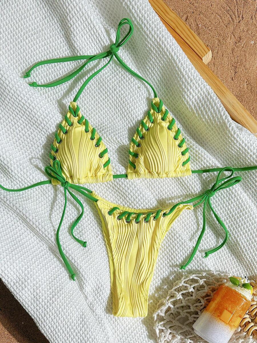 Swim Mod Bộ đồ bơi bikini xẻ tà thắt nút màu tương phản - Màu vàng - Xem 1