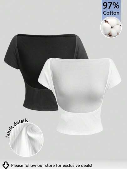 Tseoso 97% Cotton 2-Piece Backless Black And White Crew Neck Short-Sleeve Fitted Women's Short T-Shirt, Sexy, Suitable For Sports, Gym, Home, School, Yoga