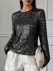 Livesso 女士宽松亮片银色休闲圆领T恤，新年闪亮嘉年华上衣 - 黑色 - 查看 4