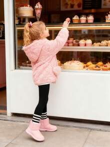 Elladie kids 甜美粉色毛绒外套，适合年轻女孩，饰有 3D 心形纹理图案，适合秋冬