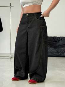 Jeanoix Damen Jeans in Große Größen mit weitem Bein, Lässig-Stil - Schwarz - Übersicht 3