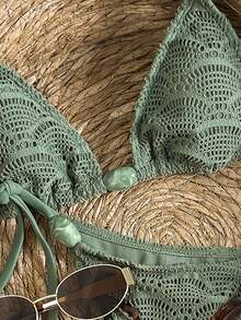 Swim Vcay Women's Jacquard Fabric Beaded Halter Bikini Set, Spring/Summer - Army Green - View 4