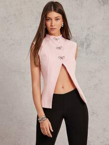 L'Amorae 女士休闲简约高领蝴蝶结纽扣背心 - 淺粉色 - 查看 4