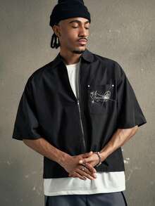 AXEPEAK Men's Loose Rhinestone Embellished Short Sleeve Shirt - Black - View 5