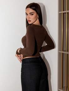 Bris Aura F21 女士纯色简约优雅日常穿着长袖修身 T 恤 - 棕色 - 查看 2