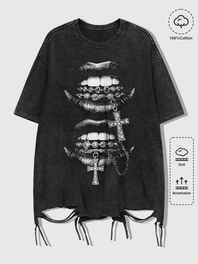 Goth T-shirt ample délavé à imprimé bouche mordue par des strass, style mode de rue décontracté pour hommes, été