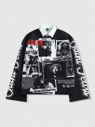 Grunge Punk Herren Langarmhemd, religiöses Jesus Glaubens-Patchwork Design, geeignet für den Lässig Alltag, Straßenausflüge und Zusammenkünfte, perfekt für Männer
