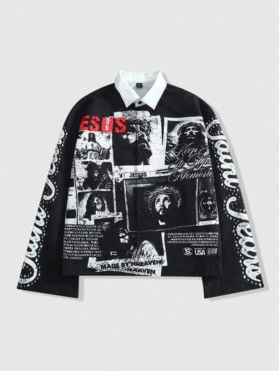 ROMWE MEN Grunge Punk Spring Casual Graphic Men'S Long Sleeve Shirt, Religious Jesus Faith Patchwork Design, Suitable For Casual Daily Wear, Street Outings And Gatherings, Perfect For Fashionable Men
