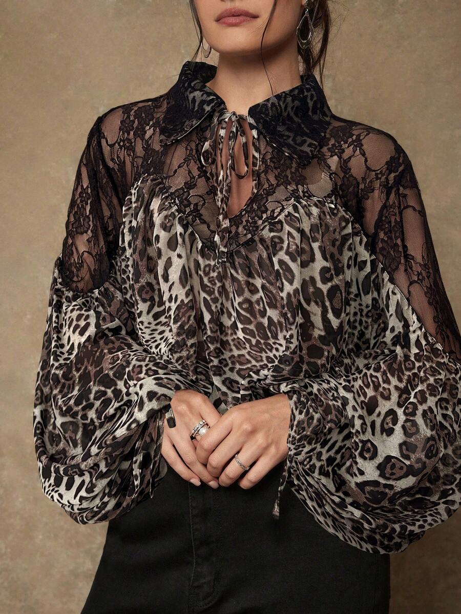 Freevana Plus Size Elegant Lace Patchwork Leopard Print Lantern Sleeve Blouse