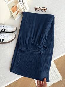 Comfortcana 大码女装夏季纯色纹理褶皱面料宽松抽绳腰带棉质休闲阔腿裤，适合度假穿着 - 藍色 - 查看 5