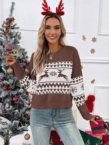 SHEIN LUNE Sweater Kasual Wanita Motif Rusa dengan Bahu Longgar, Musim Gugur/Dingin - MultiWarna - View 5