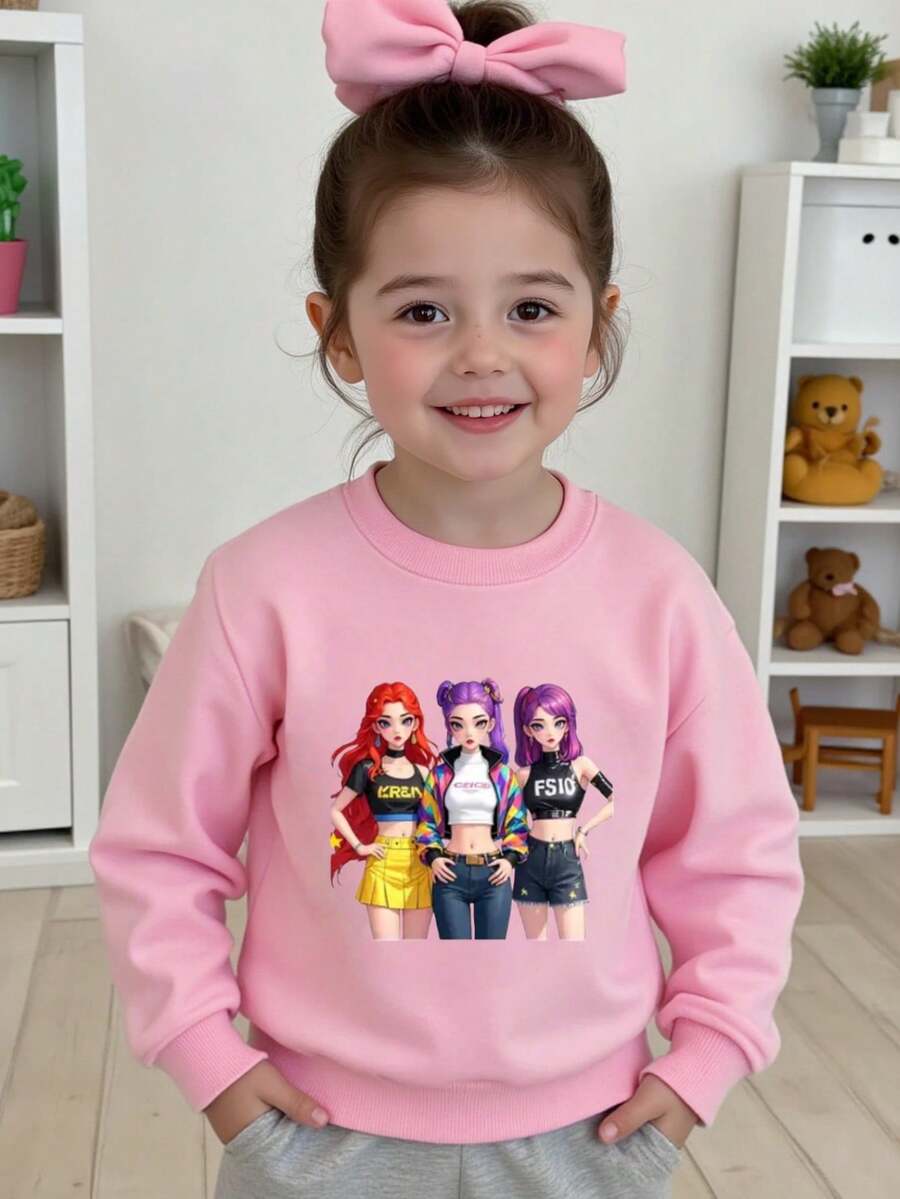 Young Girls' Christmas Cartoon Girl Group Graphic Comfortable Print Long Sleeve Sweatshirt, Suitable For Autumn/Winter, Lightweight And Cozy, Great For Layering In Fall, Fashionable Casual Wear, Graphic Design, Back To School Season, Autumn, Back To School Party, Suitable For Outdoor Picnic, Street Photography, Home, Campus, Holidays, Christmas, New Year Gift - Pink - View 1