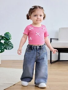 SHEIN 女婴蓝色宽松直筒牛仔裤 - 深色水洗藍 - 查看 5