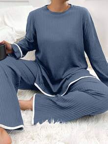 EURMUSE Plus Size Women Casual Crew Neck Long Sleeve Sweater And Knit Pants Set, Autumn - Navy Blue - View 5