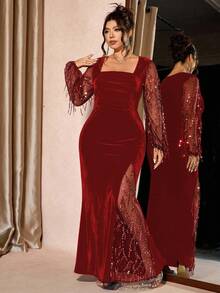 Cravure 加大码女式方领弹力紧身裤，黑色天鹅绒面料，饰以金属蕾丝和亮片，奢华派对必备，长袖，开衩下摆，及膝以上，适合秋冬季节，优雅派对风格，长款蕾丝连衣裙 - 紅色 - 查看 1