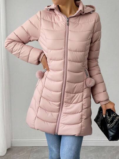 Mujer abrigo casual acolchado largo diseño ligero bolsillos con cremallera pompón ajuste holgado capucha manga larga otoño/invierno diario oficina chaqueta