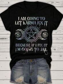 EMERY ROSE 月亮星星印花T恤，休闲圆领短袖T恤，女装图案T恤，女式上衣 - 黑色 - 查看 1