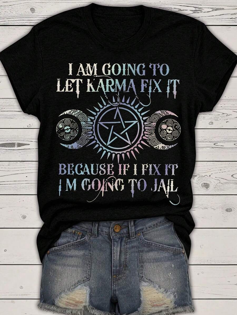 EMERY ROSE 月亮星星印花T恤，休闲圆领短袖T恤，女装图案T恤，女式上衣 - 黑色 - 查看 1