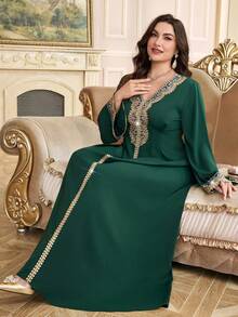 Al Najma Áo dài truyền thống Thổ Nhĩ Kỳ và Ả Rập cỡ lớn dành cho nữ - Màu xanh lá cây đậm - Xem 7
