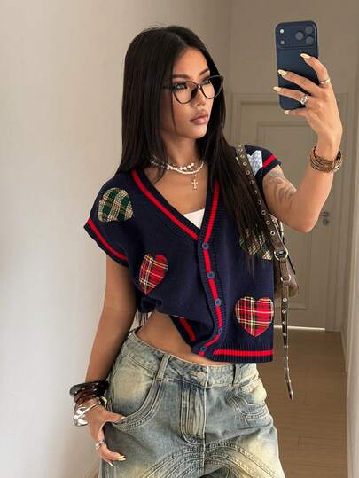 StreetHx Chaleco sin mangas de mujer de unicolor con bordado de corazón y botones, para primavera/verano