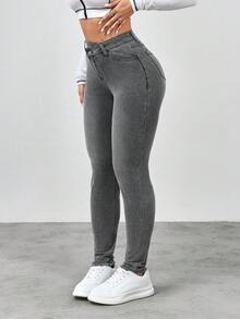 Flexra Women's Fashionable Washed Slant Pocket Elastic Skinny Jeans, Autumn - Blue - View 3