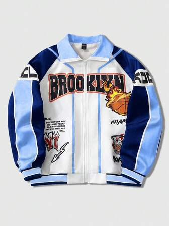 Prep Veste zippée de mode décontractée pour hommes, imprimé de lettres et de feu de basket-ball, couleurs contrastées, printemps/automne