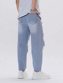 Manfinity Hypemode Men Casual Ripped Frayed Tapered Jeans - Medium Wash - View 2