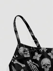 ROMWE Spring/Summer Graphic Flower Black Gothic Dark Skeleton, Plant, Moon & Star, Butterfly Print Low-Cut Camisole For Women - Black - View 4