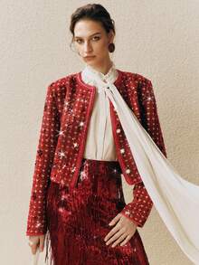 Arave Women's Plaid Embroidered Sequined Overcoat, H-Line Silhouette, Round Neck, Hand-Beaded Design, Modern Party Jacket   Red Coat  New Year Coat