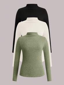 SHEIN LUNE Bộ 3 áo thun cổ cao màu trơn, ôm sát, mềm mại, thoải mái, thích hợp mặc mùa thu/đông, kiểu dáng thường ngày. - màu xanh lá - Xem 12