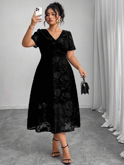 SHEIN Clasi Plus Size Women's Elegant Jacquard V-Neck Waist Cinched Vacation Dress, Summer