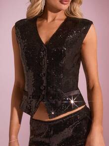 Glamine Women's Solid Color V-Neck Sequin Patchwork Elegant Sleeveless Jacket - Black - View 8