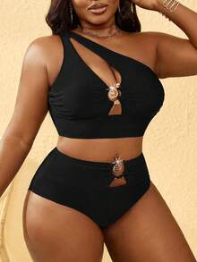 Slaydiva Plus Size Women 2pcs Set One Shoulder Hollow High Waist Swimwear, Summer Beach Vacation - Black - View 4