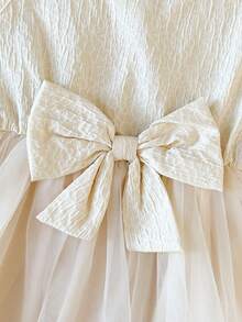 SHEIN 2pcs/Set Young Girls Round Neck Long Sleeve Jacket Top + Sleeveless Mesh Skirt Dress, Apricot Bow Elegant Casual Birthday Dress Outfit, Suitable For Daily Outing, Travel, Holiday, Party - Apricot - View 4