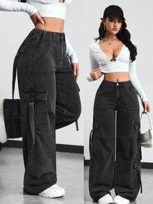 SHEIN Tall Quần jeans ống rộng cài nút màu trơn thời trang thường ngày cho nữ - Màu xám đen - Xem 9